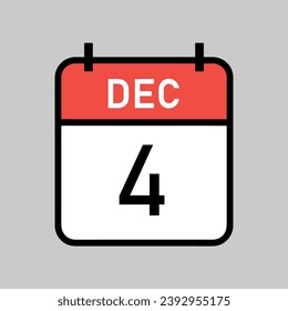 página del calendario de color rojo y blanco del 4 de diciembre con contorno negro, ilustración vectorial de fecha de calendario
