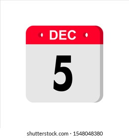 December 5 - Calendar Icon. Calendar Icon with shadow. Flat style. Date, day and month. Reminder. Vector illustration. Organizer application, app symbol. Ui. User interface sign.