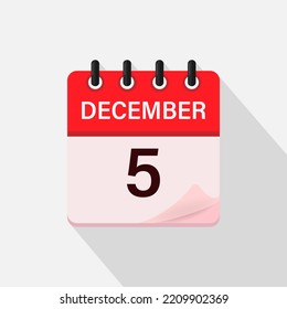 December 5, Calendar icon with shadow. Day, month. Flat vector illustration.