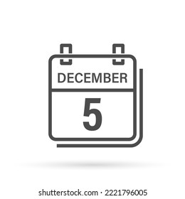 December 5, Calendar icon with shadow. Day, month. Flat vector illustration.