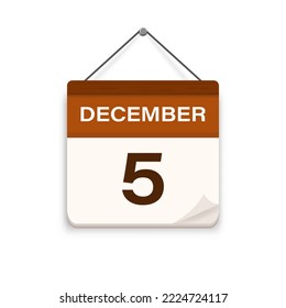 December 5, Calendar icon with shadow. Day, month. Meeting appointment time. Event schedule date. Flat vector illustration. 
