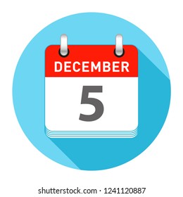 December 5 Date on a Single Day Calendar in Flat Style with long flat shadow on a blue background