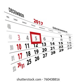 December 5, highlighted on 2017 calendar. Week starts from Sunday. Vector Illustration.