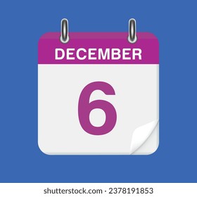 6 de diciembre. Fecha del calendario.  Una hoja del calendario inverso.