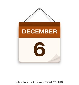 December 6, Calendar icon with shadow. Day, month. Meeting appointment time. Event schedule date. Flat vector illustration. 