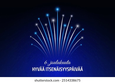 Día de la independencia de Finlandia del 6 de diciembre, fuegos artificiales finlandeses sobre fondo de cielo oscuro. Fuegos artificiales, bandera. Fiesta nacional finlandesa 6 de diciembre. Tarjeta de felicitación. Vector. Feliz Día de la Independencia