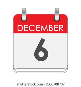 December 6. A leaf of the flip calendar with the date of December 6. Flat style.