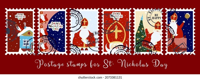 December 6. St. Nicolas day. Sinterkalaas. Winter Christian holiday for children. Christmas Holidays. Postage stamps for St. Nicholas. Stickers for envelopes. Vector festive postage stamps.