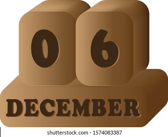 December 6. Vector 3D daily calendar wood icon 