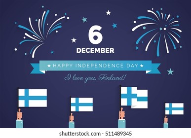 December 6th, Finland, Finnish Independence Day greeting card.   Celebration background with fireworks, flags and text. Vector illustration