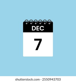 December 7 calendar reminder. 7th December Date Month calendar icon design template.