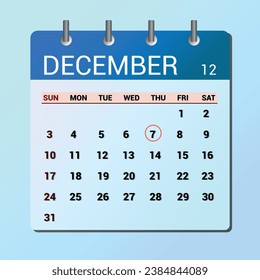 December 7. Flat icon calendar isolated on blue background. Date and month vector illustration