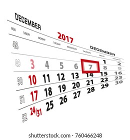 December 7, highlighted on 2017 calendar. Week starts from Sunday. Vector Illustration.