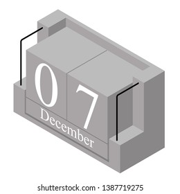 December 7th date on a single day calendar. Gray wood block calendar present date 7 and month December isolated on white background. Holiday. Season. Vector isometric illustration