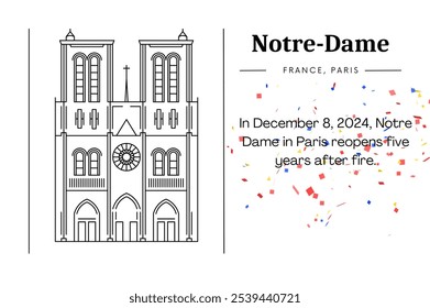 In December 8, 2024, Notre Dame in Paris reopens five years after fire. Notre Dame Cathedral - Paris - Stock Illustration as EPS 10 File. France icons design. France, Paris. monument line style vector