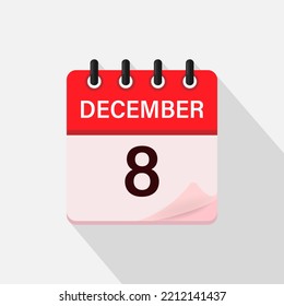 December 8, Calendar icon with shadow. Day, month. Flat vector illustration.