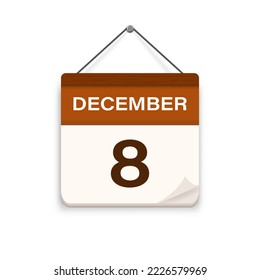 December 8, Calendar icon with shadow. Day, month. Meeting appointment time. Event schedule date. Flat vector illustration. 