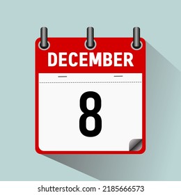 December 8, calendar icon vector illustration, isoleted on light blue background.