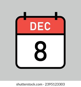 december 8, red and white color calendar page with black outline, calendar date vector illustration