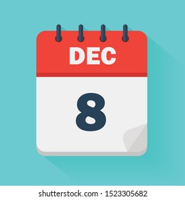 December 8th. Daily calendar icon in vector format.  Date, time, day, month. Holidays