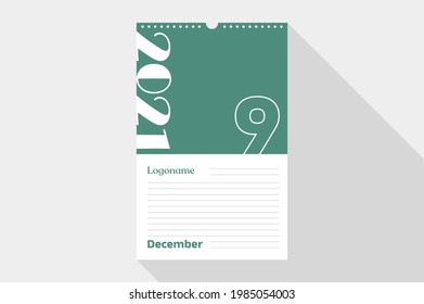 December 9 Calendar 2021 on notebook paper white and green background with your logo