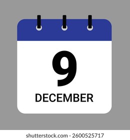 December 9 Calendar Icon – Flat Design, Minimalist Date Illustration