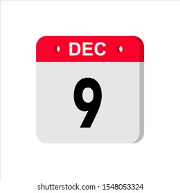 December 9 - Calendar Icon. Calendar Icon with shadow. Flat style. Date, day and month. Reminder. Vector illustration. Organizer application, app symbol. Ui. User interface sign.