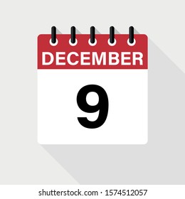 December 9 - Calendar Icon. Calendar Icon with shadow. Flat style. Date, day and month.