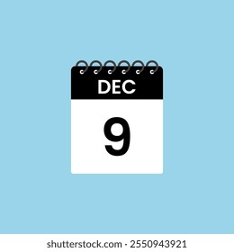 December 9 calendar reminder. 9th December Date Month calendar icon design template.