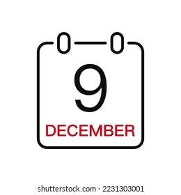 December 9 date on the calendar, vector line stroke icon for user interface. Calendar with date, vector illustration.