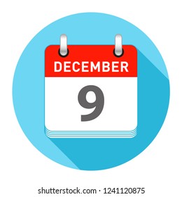December 9 Date on a Single Day Calendar in Flat Style with long flat shadow on a blue background