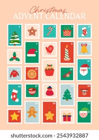 December advent calendar. Christmas countdown. Cute colorful numbered illustration postage stamps with winter elements. Postcard, poster, stamp concept.