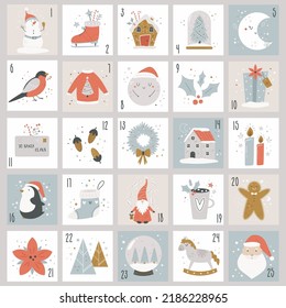 December Advent Calendar. Christmas holiday poster with countdown and cute characters, symbols.