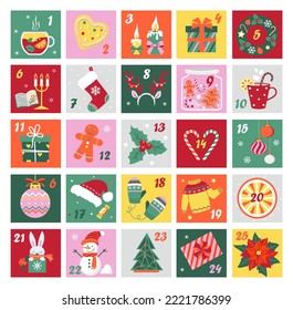 December advent calendar. Christmas poster countdown printable tags numbered poster with Christmas simbols.	