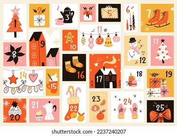 December advent calendar. Christmas poster countdown printable tags numbered poster with xmas ornament red blue and yellow colors, winter postcard vector creative template
