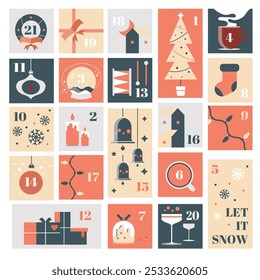December advent calendar. Christmas poster countdown printable tags. Christmas advent calendar with elements - pine, snowflakes, candles, christmas wreath, garland and ball, socks, gifts.