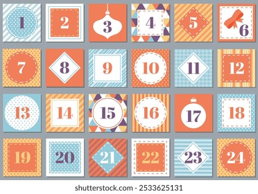 December advent calendar. Christmas poster countdown printable tags numbered poster with xmas ornament - Polkadot, Gingham, Triangles, Diagonal, Horizontal and Vertical Stripes.