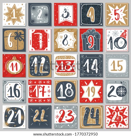 December advent calendar. Christmas poster countdown printable tags numbered poster with xmas ornament red blue and gold colors, winter postcard vector creative template