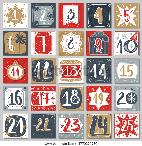 December advent calendar.\
Christmas poster countdown printable tags numbered poster with xmas\
ornament red blue and gold colors, winter postcard vector creative\
template