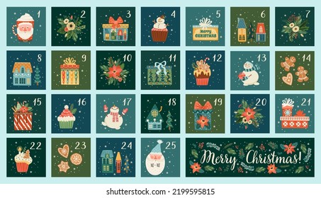 December advent calendar. Cute Christmas illusstrations with new year symbols. Vector design template.