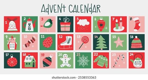 December advent calendar with hand drawn elements. Christmas poster countdown printable tags numbered poster with xmas ornament. Winter postcard vector template. 