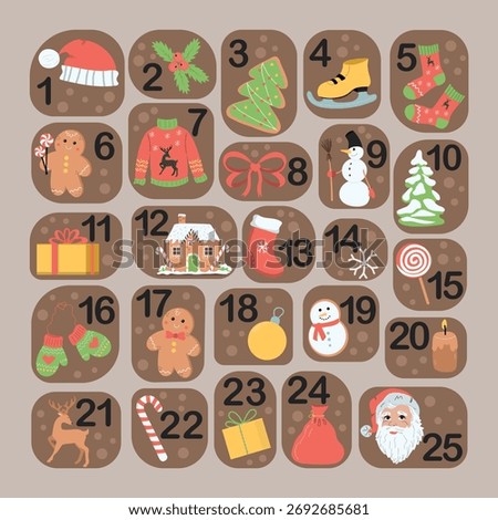 December advent calendar with hand drawn elements. Christmas poster countdown to holiday illustration