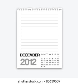December calendar 2012 on note paper