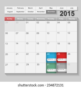 December Calendar 2015, week start at sunday with Holiday event