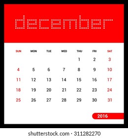 December Calendar 2016 Vector Design Template. Week Starts Sunday. vector illustration