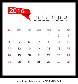 December Calendar 2016 Vector Design Template. Week Starts Sunday. vector illustration