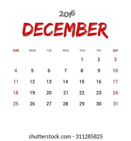 December Calendar 2016 Vector Design Template. Week Starts Sunday. vector illustration