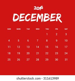 December Calendar 2016 Vector Design Template. Week Starts Sunday. vector illustration