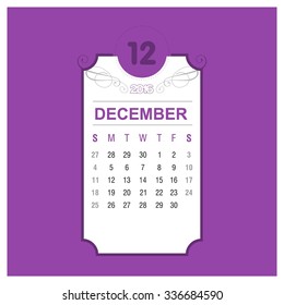 December Calendar 2016 Vector Design Template. Floral art Vintage card background. Week Starts Sunday. vector illustration