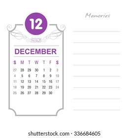 December Calendar 2016 Vector Design Template. Floral art Vintage card background. Week Starts Sunday. vector illustration